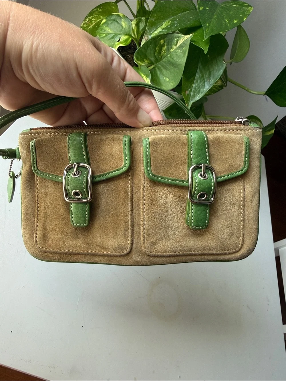Coach Tan Suede Wristlet with Green Trim